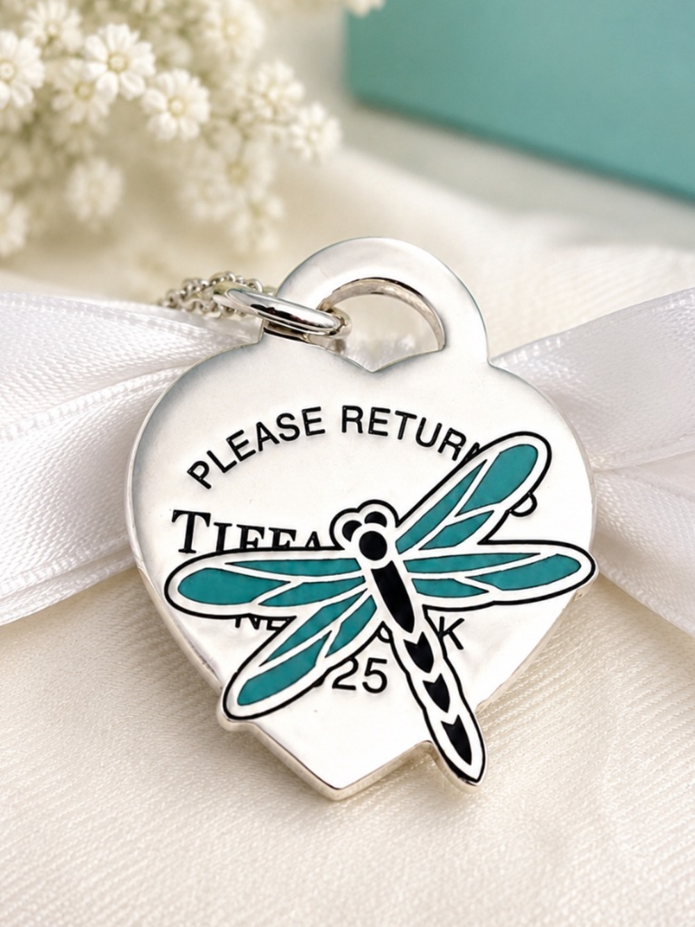 RARE Tiffany & Co. Dragonfly Enamel Heart Tag Pendant Necklace Sterling 925